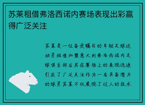 苏莱租借弗洛西诺内赛场表现出彩赢得广泛关注