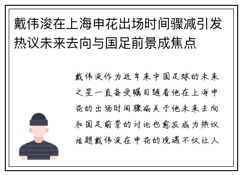 戴伟浚在上海申花出场时间骤减引发热议未来去向与国足前景成焦点